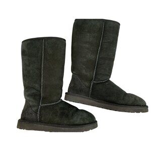 Ugg Black Suede Shearling Winter Boots Size 8 R10634 Flat Mid Calf EUC Cuffable